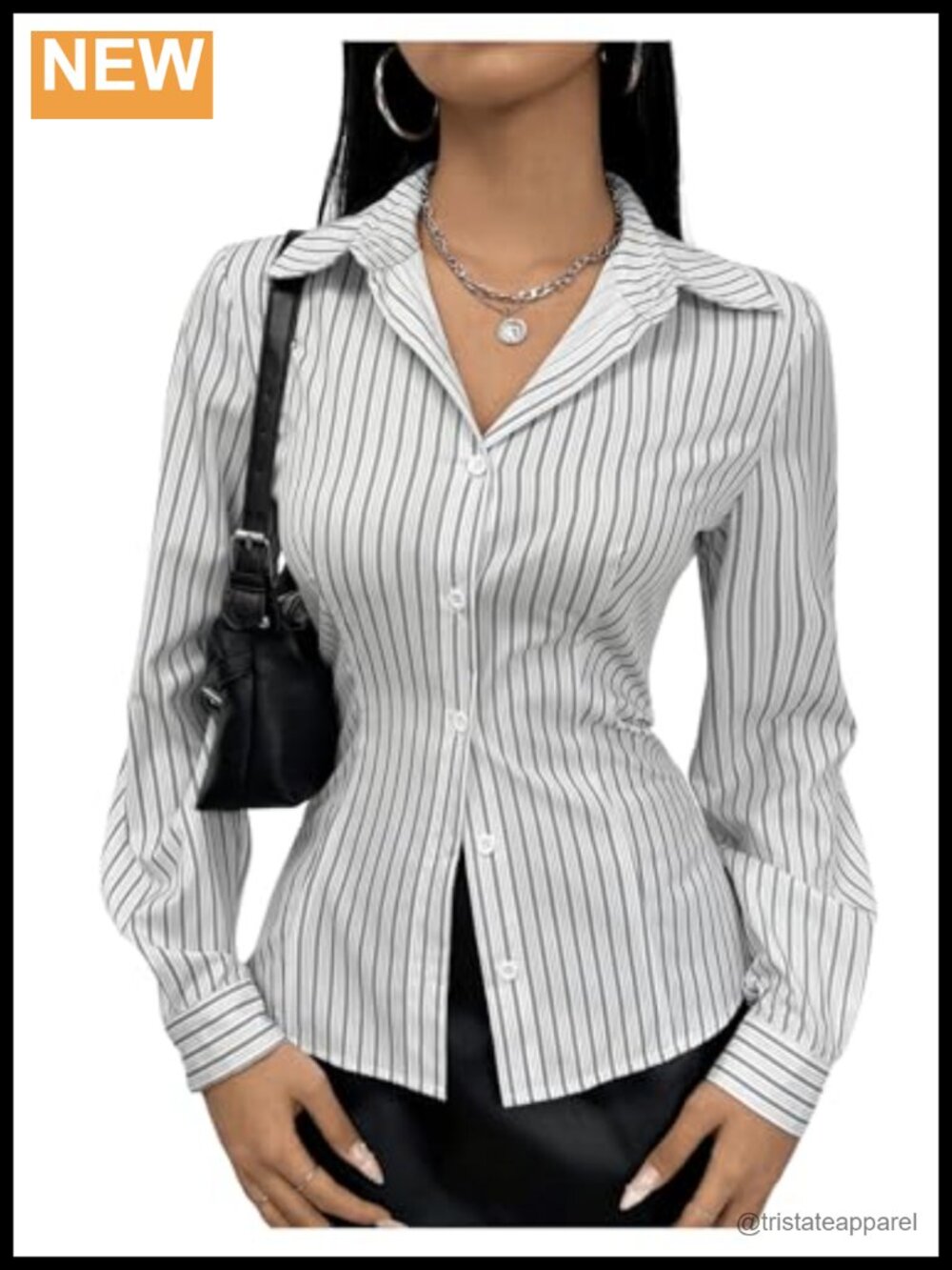 Striped Button Down Shirt Collared Long Sleeve Slim Fit Work Blouse